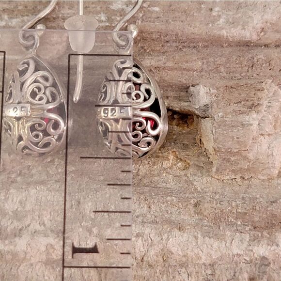 Sterling Silver Bali Style CZ Garnet Pear Drop Earrings - Picture 6 of 6
